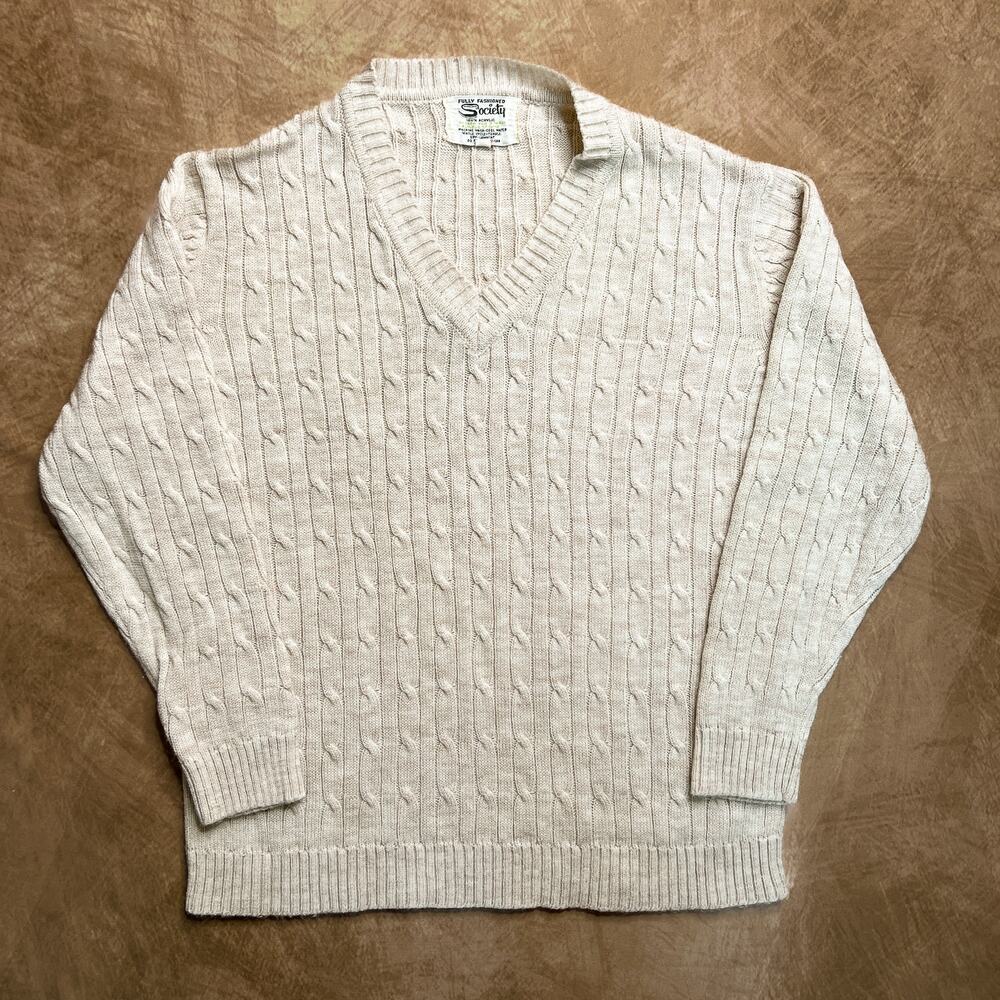 Vintage 70s Fully Fashioned Society Cable Knit Sweater Cream V Neck Women's L